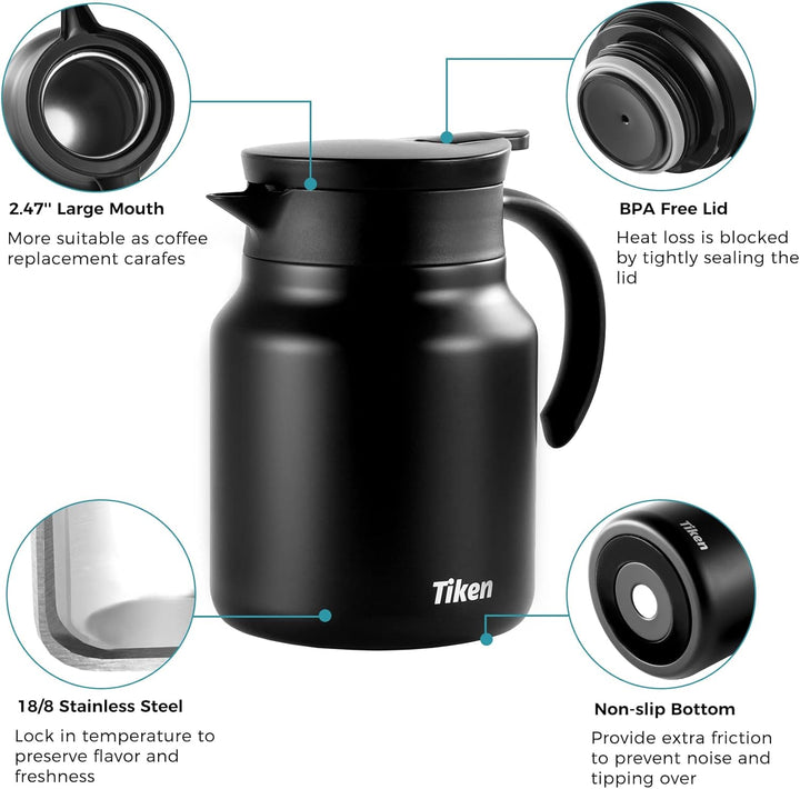 Tiken 1L Thermoskanne aus Doppelwandingem Edelstahl Isolierkanne Kaffeekanne mit Quick Tip Verschlus