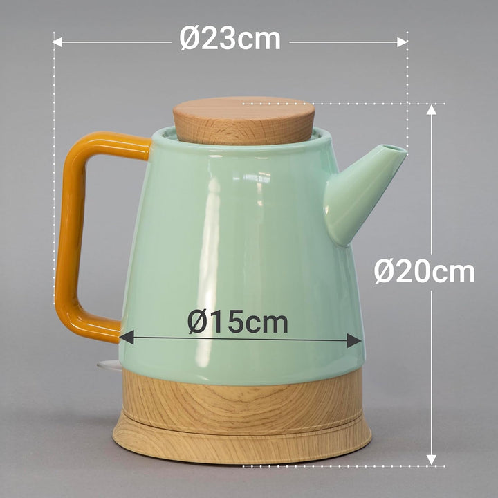 Elektrischer Keramik Wasserkocher 1,5L mint/holz – mit echtem Holzdeckel, 360° drehbarer Sockel, LED