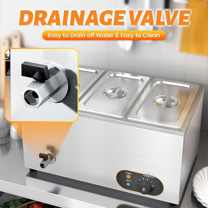 MOOTACO Bain Marie Speisenwärmer Wasserbad Gastro GN-Behältern 1/3 * 3 Warmhalter Edelstahl mit Abla