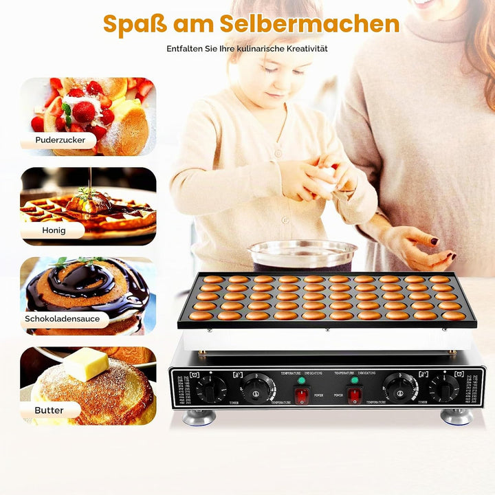 1800W Elektrische Poffertjes-Pfanne Ø45mm 50 Stk. Mini-Pfannkuchenmaschine mit Timer &amp; Temperaturreg