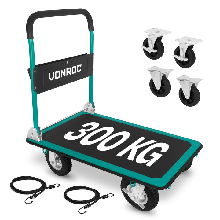 VONROC Transportwagen klappbar 300kg - Plattformwagen als Transporthilfe - Rollwagen mit Griff - Ext