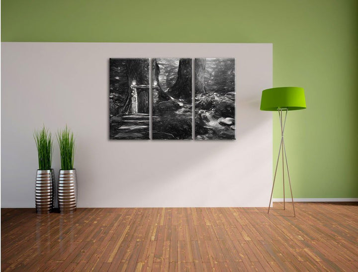 Pixxprint Geheimes Tor im Wald Kunst / 3-Teilig/Gesamtmass 120cm Leinwandbild bespannt auf Holzrahme