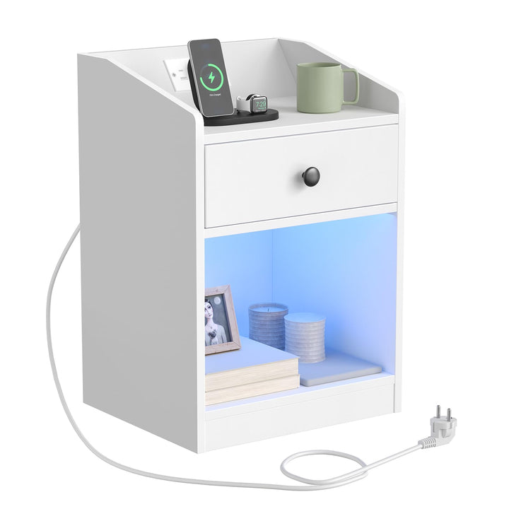 HOOBRO Nachttisch mit Ladestation und LED-Beleuchtung, schmaler Beistelltisch mit Schublade, moderne