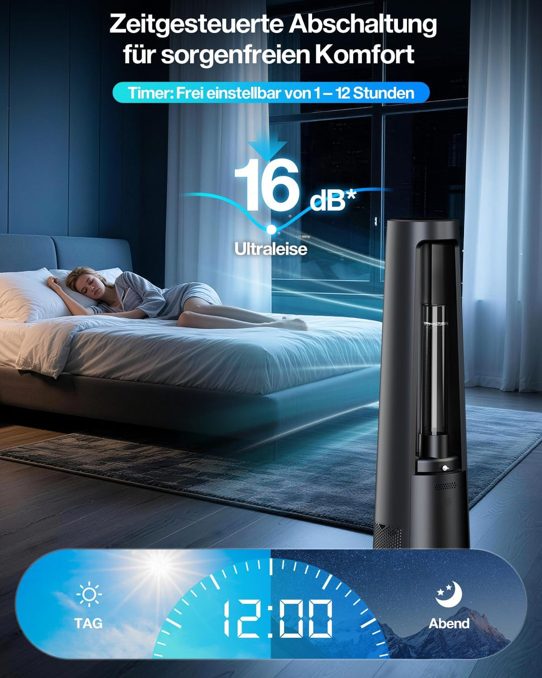4-in-1 Leiser Turmventilator mit Wasserkühlung, Luftreiniger & Beduften, Standventilator mit Befeuch