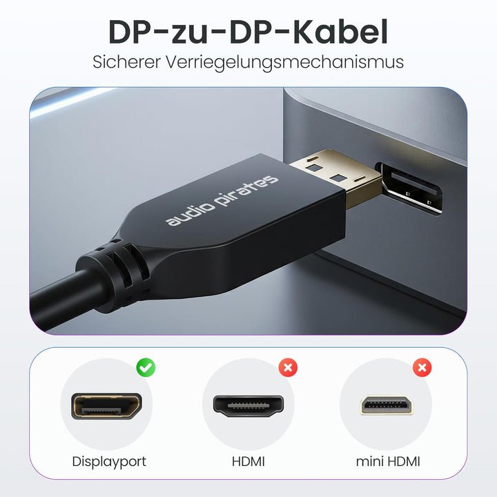audio pirates [2-Pack DisplayPort 2.1 Kabel, 3m, VESA-zertifiziert, 54Gbps, 16K@60Hz 8K@120Hz 4K@240
