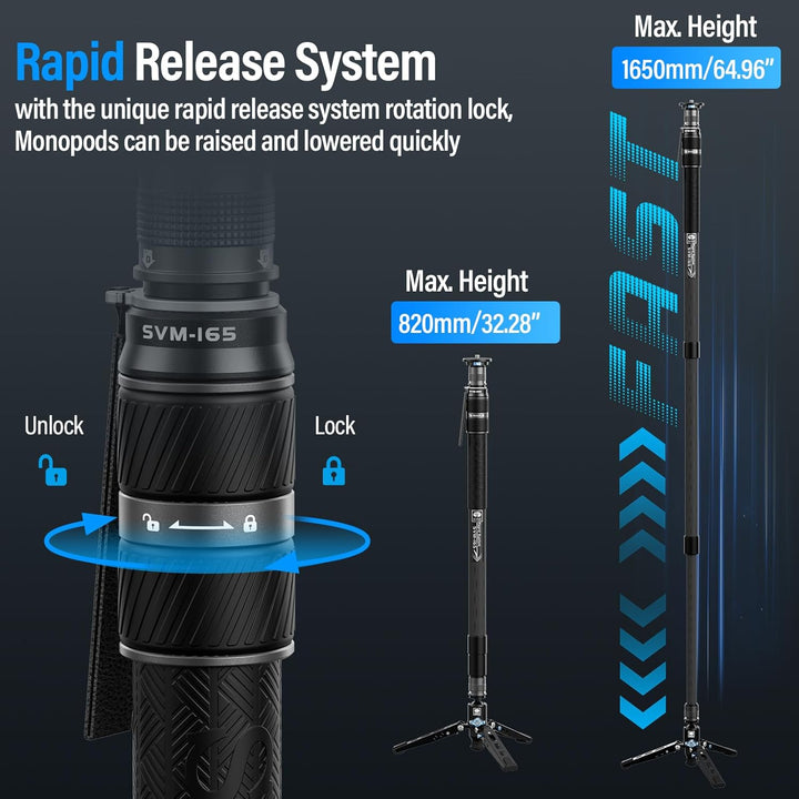 SIRUI 165 Einbeinstativ für Kameras, 165,1 cm (65 Zoll) Kohlefaser Einbeinstativ mit Füssen, schnell