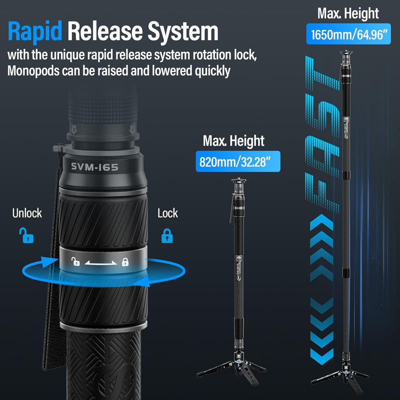 SIRUI SVM-165 Einbeinstativ Kohlefaser Kamera, 165cm Carbon monopod Rapid System Einstufige Höhenver