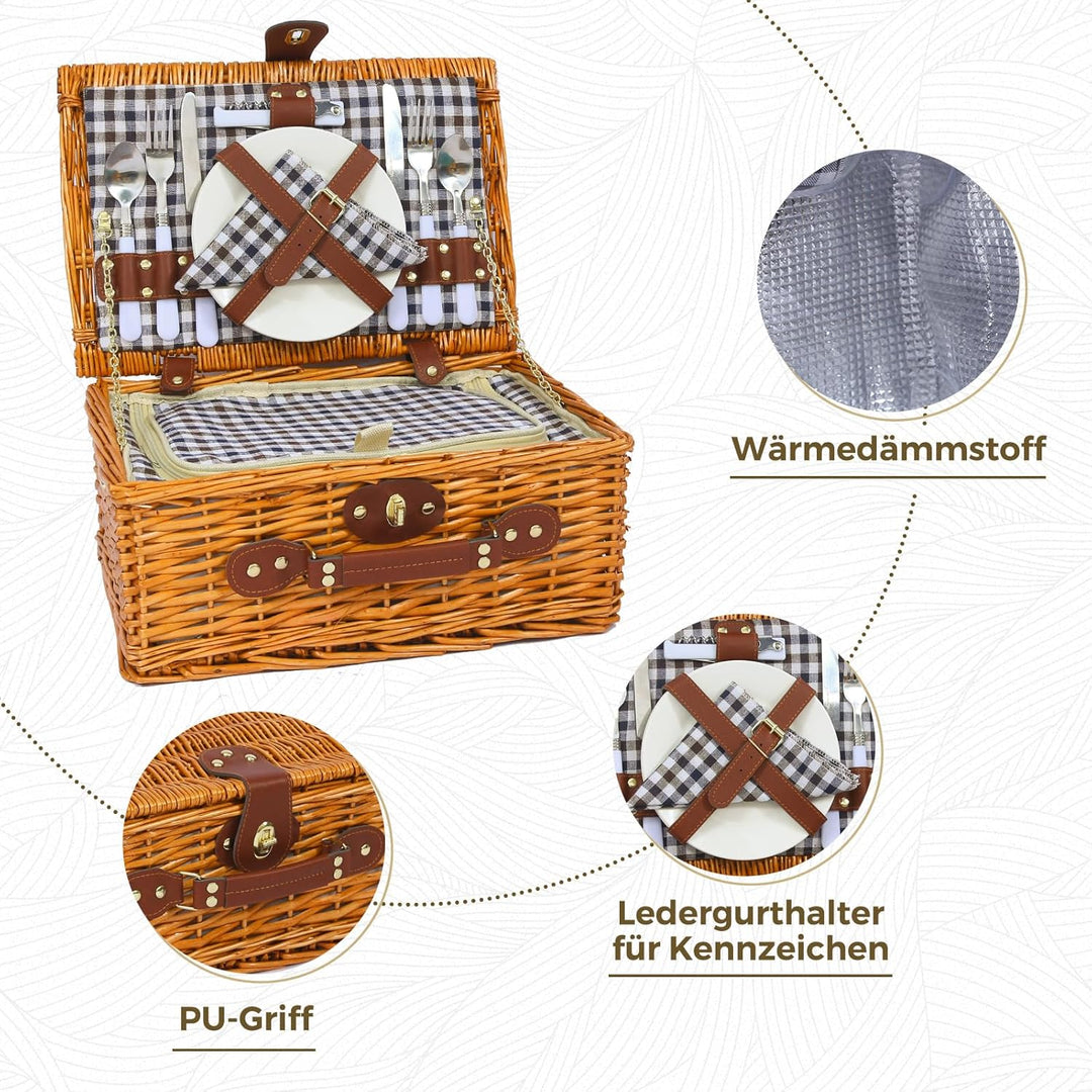 Picknickkorb Set für 2 Person mit Kühlfach, Abnehmbarer Riemen, Weinbeutel, Besteck Set, für Camping