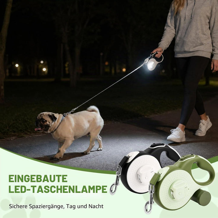 Ausziehbare Hundeleine 8m, Einziehbare Haustierleine mit Kotbeutelhalter, 360° Anti-Verwicklung, int
