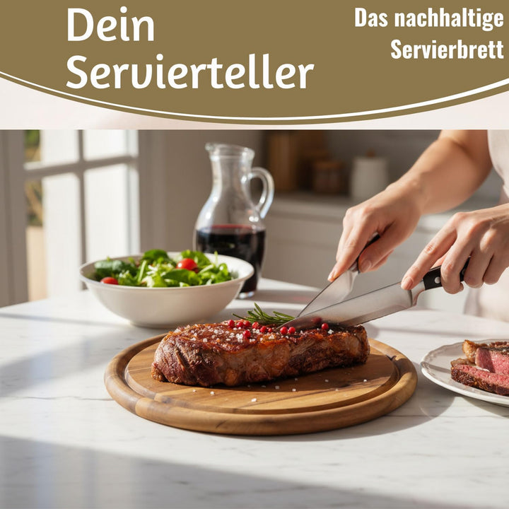 LS-LebenStil 6x Holz Fleischteller 25cm Rund FSC Akazie - Set - 6 Stück - Schneidebrett mit Saftrill
