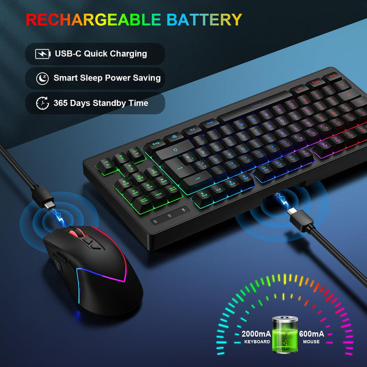 Kabellose Gaming Tastatur und Maus Set, DE Layout QWERTZ 75% TKL RGB Beleuchtet, Wiederaufladbare Er