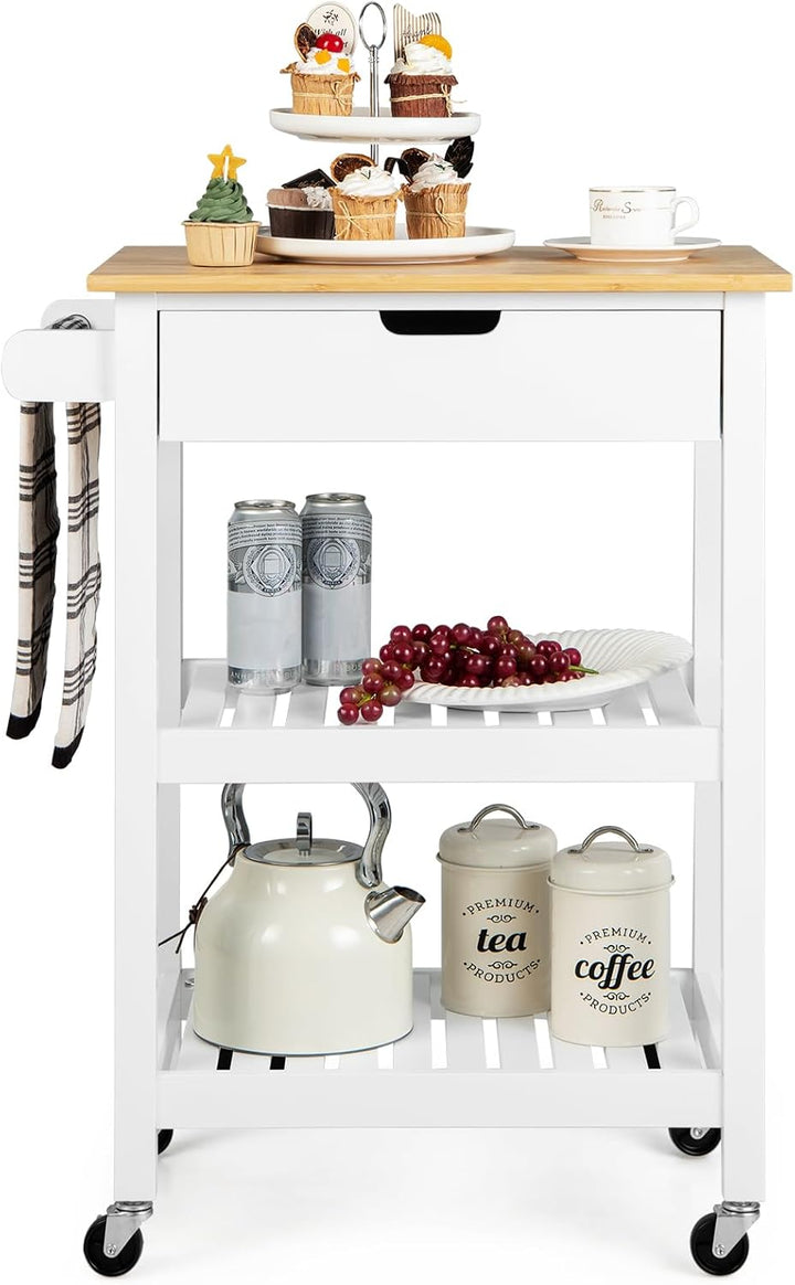KOMFOTTEU Küchenwagen Kücheninsel aus Bambus & Holz, Servierwagen auf Rollen 66x40x85cm, Küchentroll
