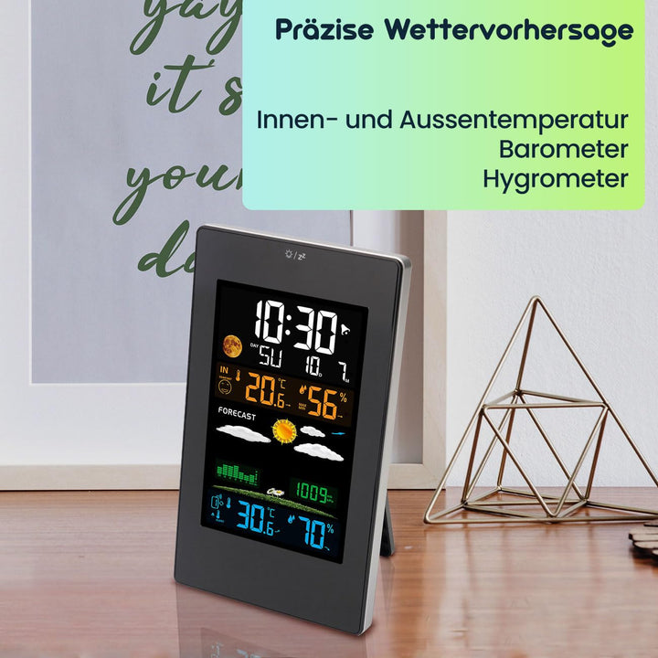 Moderne Wetterstation mit LCD-Farbdisplay, Funk-Aussensensor, Wecker & USB-Ladeport – präzise Wetter
