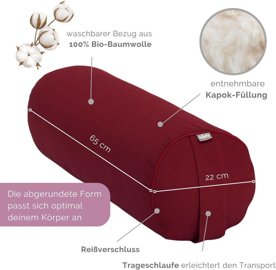 Bodhi Yoga Bolster | ECO Serie | Yogarolle mit Kapok-Füllung | Waschbarer Bezug aus 100% Bio-Baumwol