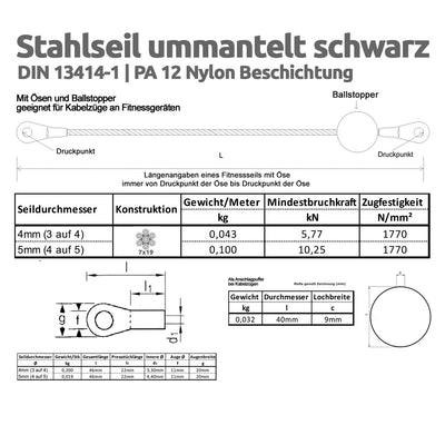 Drahtseile24 Stahlseil ummantelt für Fitnessgerät mit Ösen | 4mm (3 auf 4) Stärke | 140 kg Nutzlast