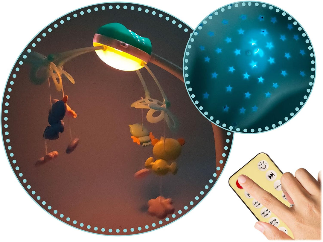 RICOKIDS Karussell für Kinderbetten, blau, mit RK-813 Projektor, Fernbedienung, vier Hängespielzeuge