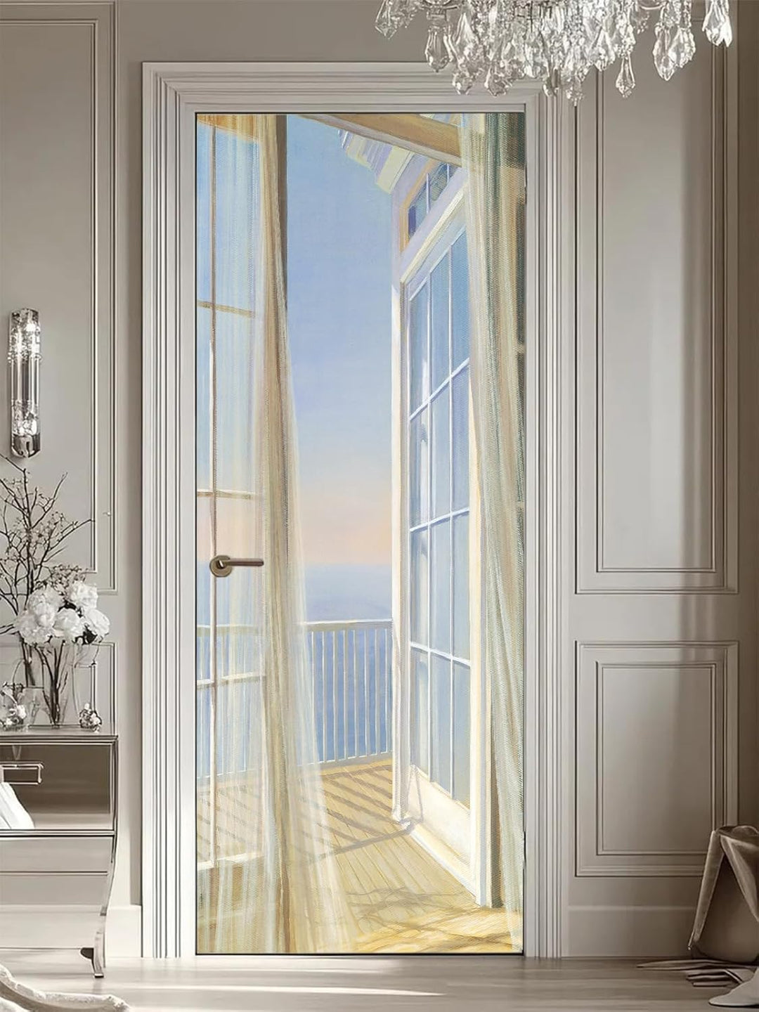 FLFK 3D Fenster Balkon Landschaft Türtapete Wandbilder Selbstklebend TürPoster Vinyl Entfernbar Maue
