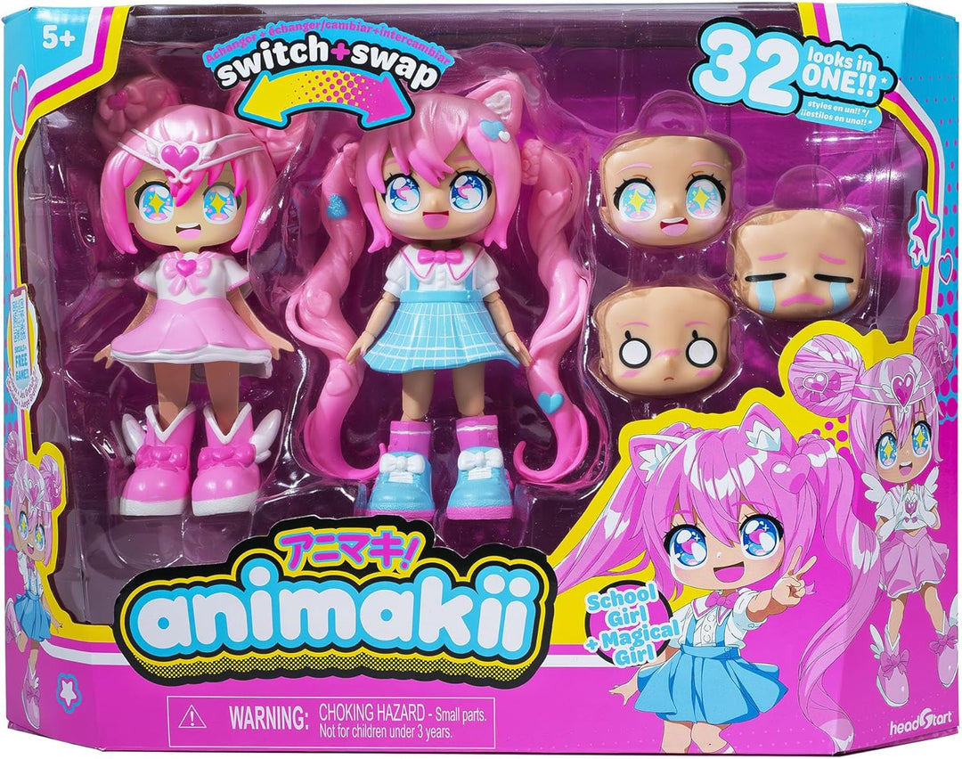 BANDAI - Animakii Zauberin und Schülerin - Set Personalisierbare Puppen - 1 Puppe, 4 Gesichter, 2 Fr