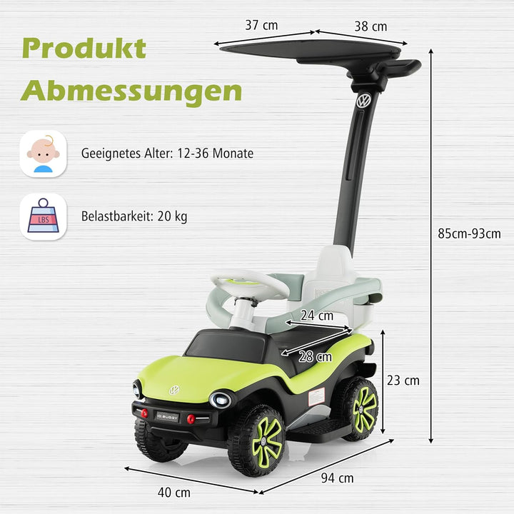 DREAMADE Rutschauto für Kinder, Volkswagen Rutscher mit 3-stufig Verstellbarem Schiebegriff, Verdeck