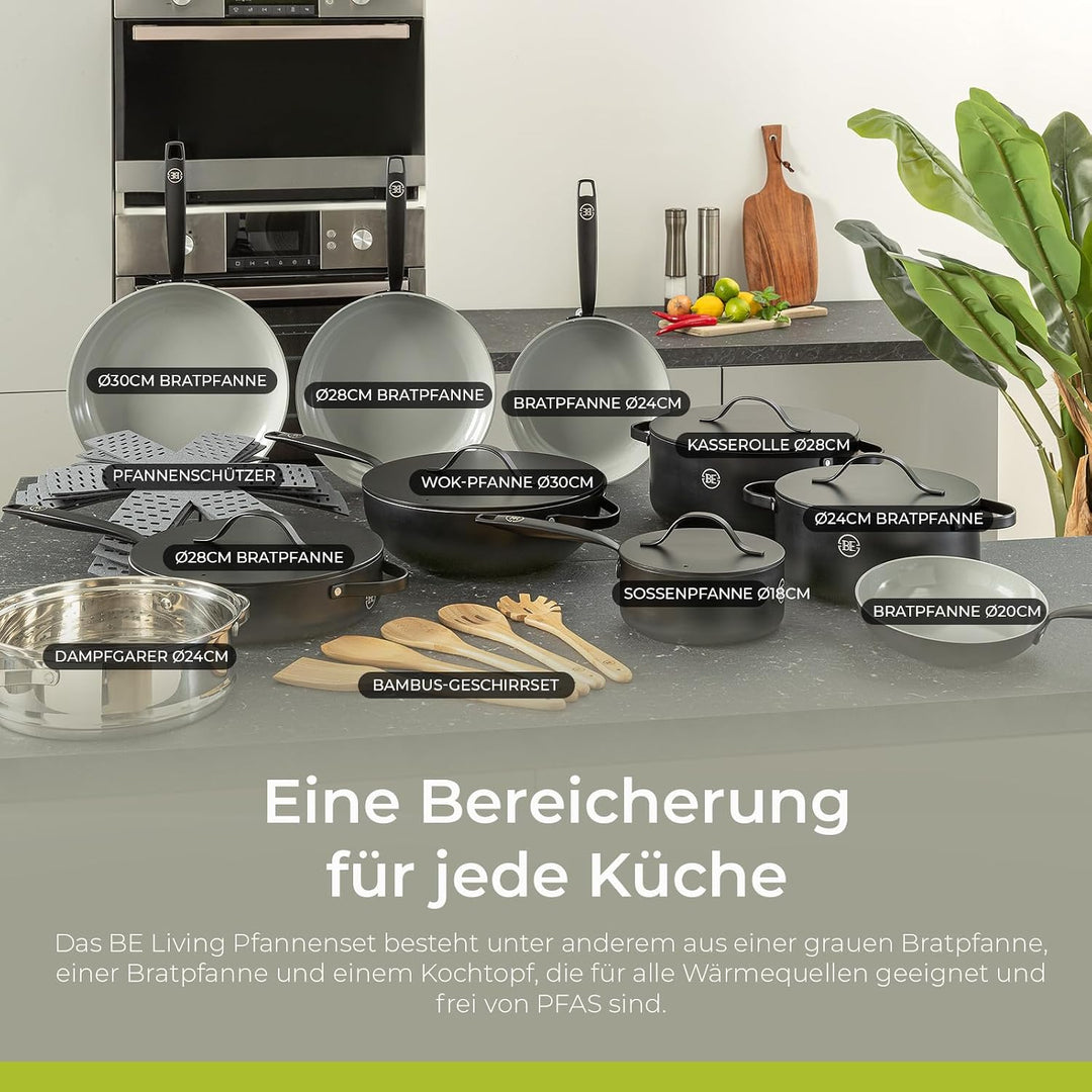 Be Living Essential Pfannenset 4-teilig, Bratpfanne 20/24/28 cm + Wokpfanne 28 cm mit Deckel, Non St