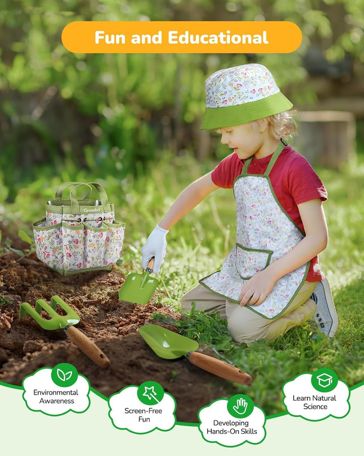 Grenebo-Gartenspielzeug für Kinder, inklusive Metallkelle, Pflanzschaufel, Gartenhut, Rechen, Schürz
