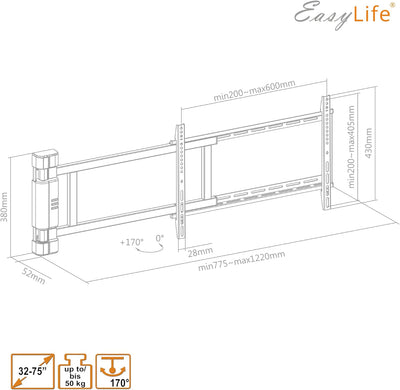 EasyLife TV Wandhalterung bis 170° elektrisch schwenkbar, VESA Wandhalterung bis 600x400 für LCD/OLE