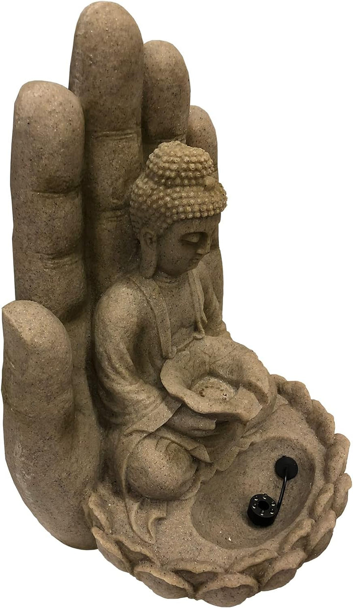 Brunnen Buddha Calm Sandstein-Optik, aus Polyresin inkl. Pumpe und LED | Deko-Wasserbrunnen für Gart
