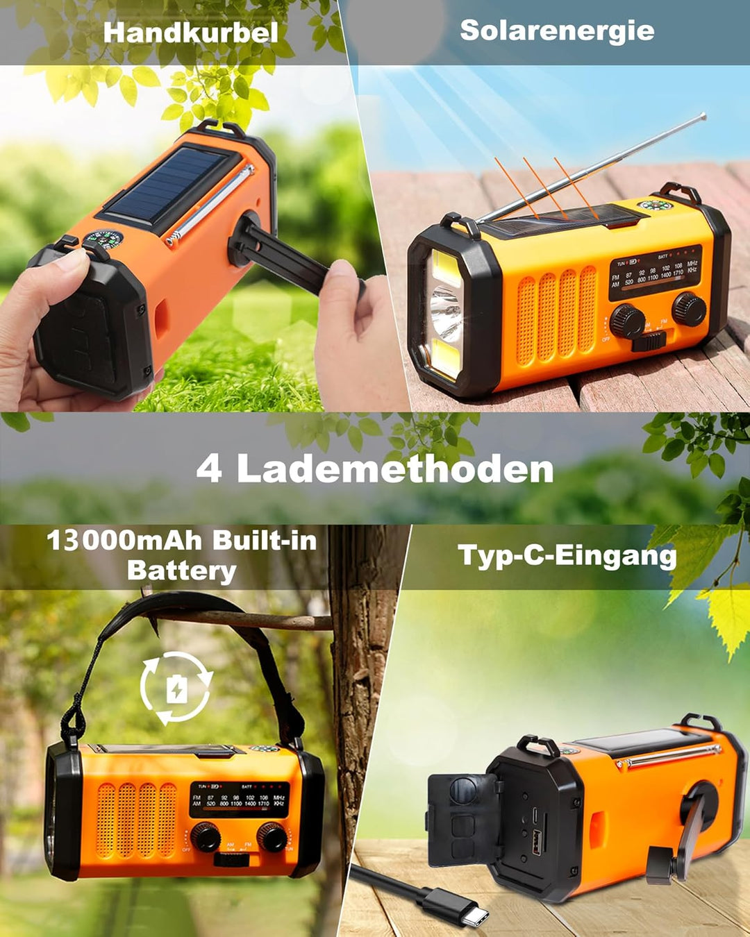 10000mAh Tragbare Solar Kurbelradio, Dynamo Weltempfänger Notradio mit AM FM Radio, Aufladbar Powerb