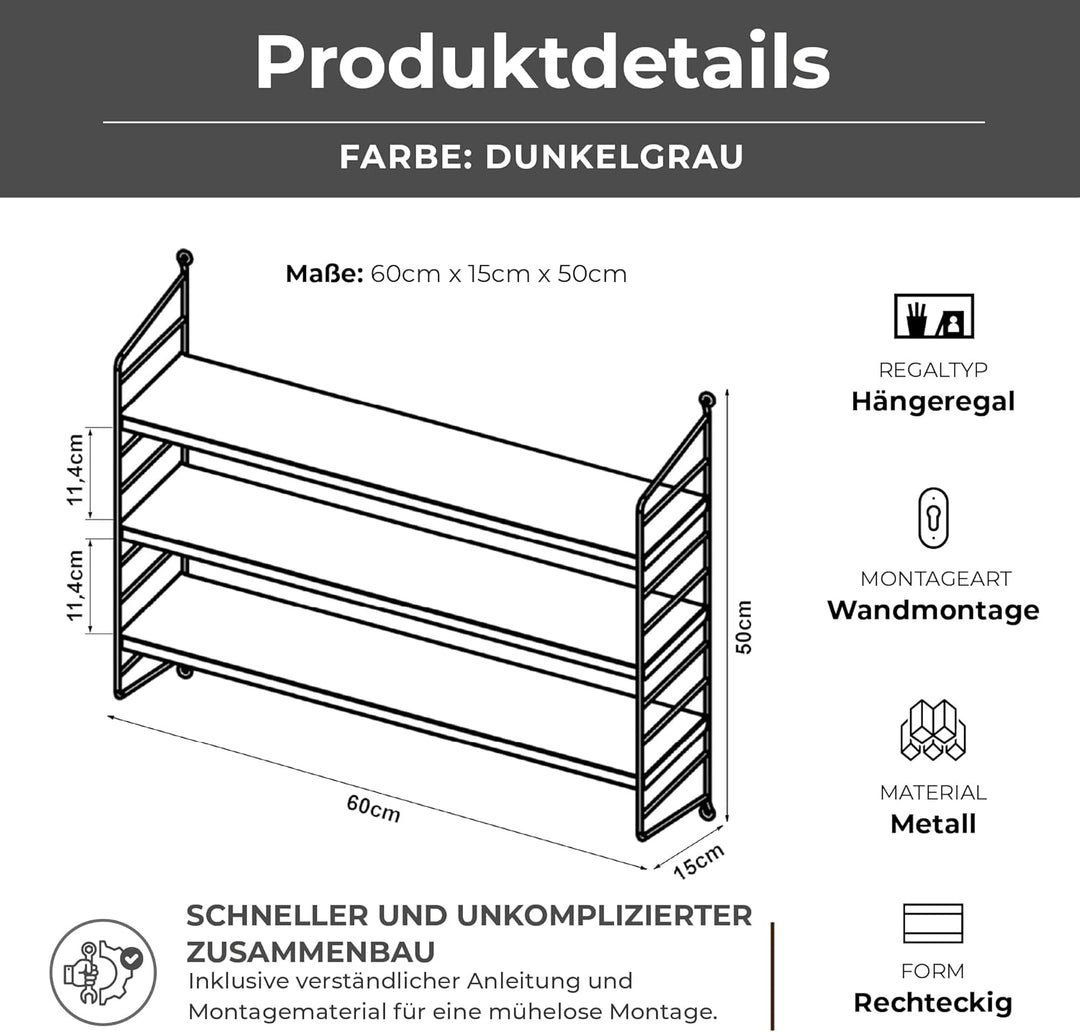 [en.casa] Modulares Wandregal Strängnäs Metallregal Dunkelgrau Hängeregal mit 3 Regalböden Badregal
