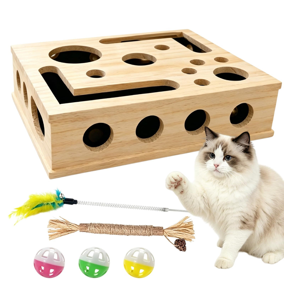 Kratzpuzzle Spielbox Holz, 30 x 25 cm Beschäftigungsbox Krallenfeile Katzen mit 3 Bällen, Katzenspie