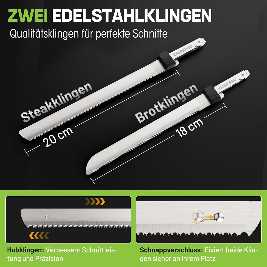 WORKPRO Elektromesser 8V, Kabelloses Küchenmesser mit 2 Edelstahlklingen, Elektrisches Messer mit Ga