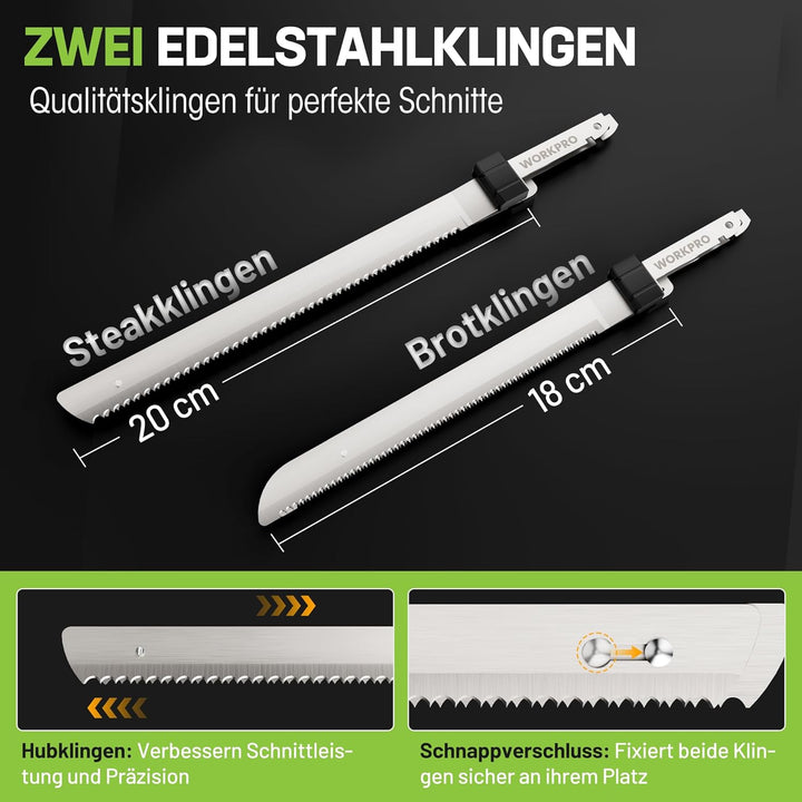 WORKPRO Elektromesser 8V, Kabelloses Küchenmesser mit 2 Edelstahlklingen, Elektrisches Messer mit Ga