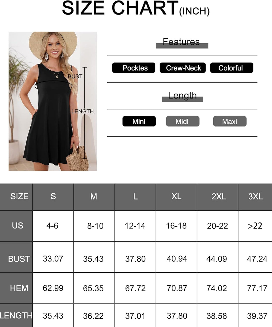 WNEEDU lässiges Sommerkleid Damen Ärmellose Tank Strandkleider T-Shirt Kleid mit Taschen Druck Grün