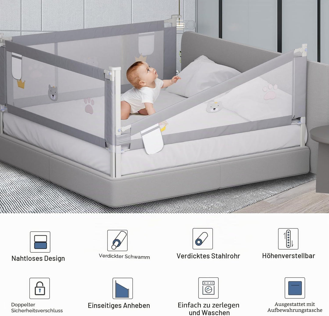 Eulenke 200cm Bettgitter, Bettschutzgitter für Kinderbett, Höhenverstellbar von 70-98cm, Rausfallsch