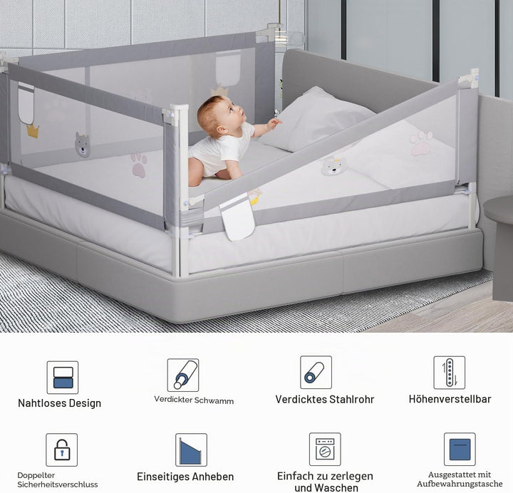 Eulenke 200cm Bettgitter, Bettschutzgitter für Kinderbett, Höhenverstellbar von 70-98cm, Rausfallsch