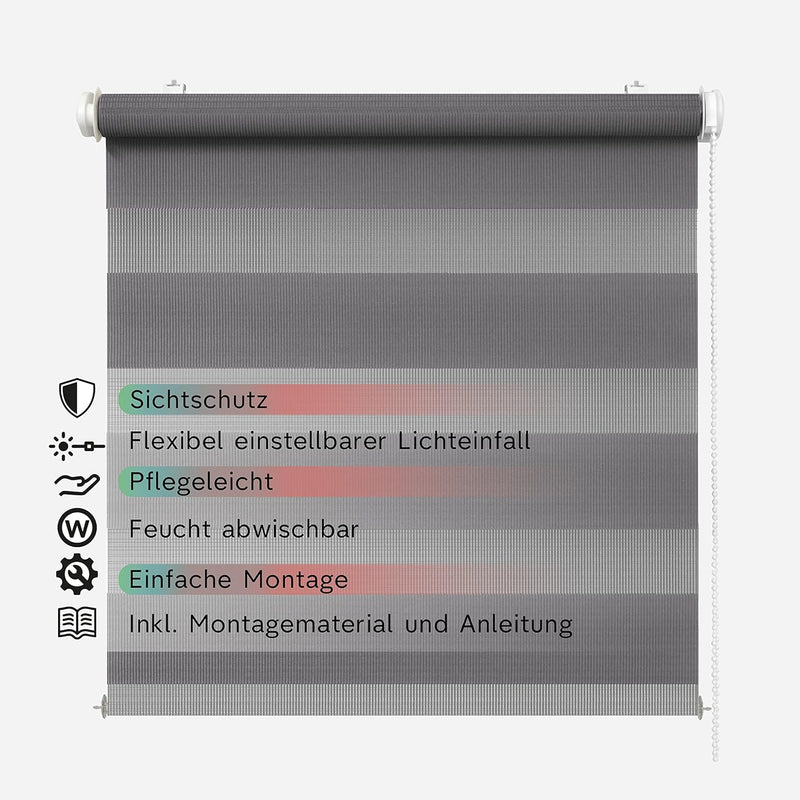 Rikmani Doppelrollo Fensterrollo ARD Duo-Rollo Klemmfixierung Zebrarollo Seitenzugrollo ohne Bohren,