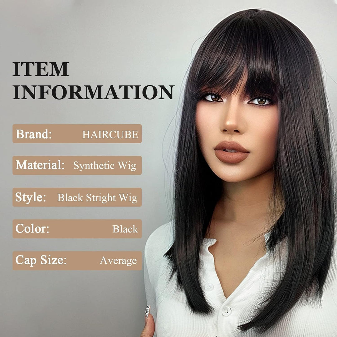 HAIRCUBE Schulterlang Gerade Kurze Perücken Schwarze Perücke Synthetische Perücken mit Pony Welle Ha