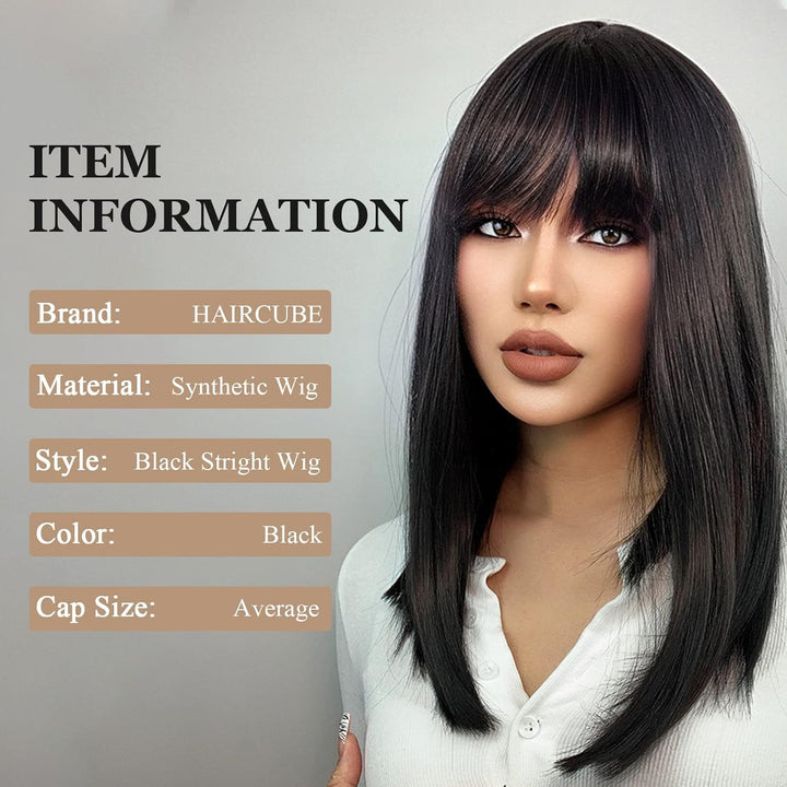 HAIRCUBE Schulterlang Gerade Kurze Perücken Schwarze Perücke Synthetische Perücken mit Pony Welle Ha
