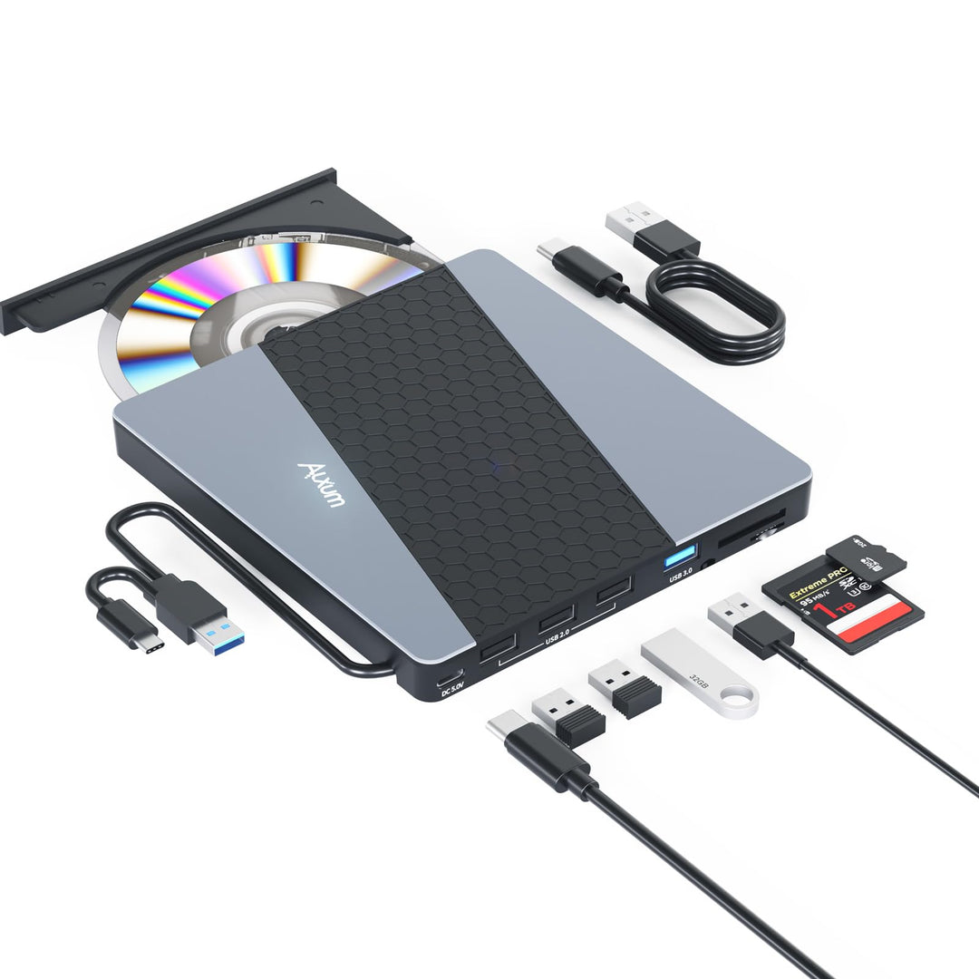Alxum Externes DVD Laufwerk - USB 3.0 Type C CD Laufwerk extern USB mit SD/TF Kartenleser und USB An