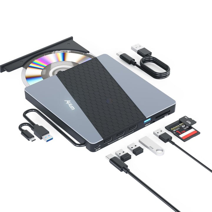 Alxum Externes DVD Laufwerk - USB 3.0 Type C CD Laufwerk extern USB mit SD/TF Kartenleser und USB An
