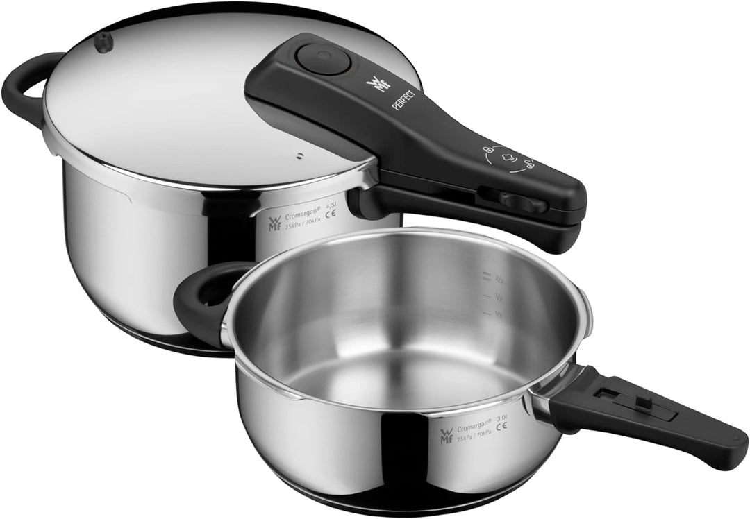 WMF Perfect Schnellkochtopf Set Induktion 2-teilig, Dampfkochtopf 4,5l + 3l, grosses Kochsignal, 2 K