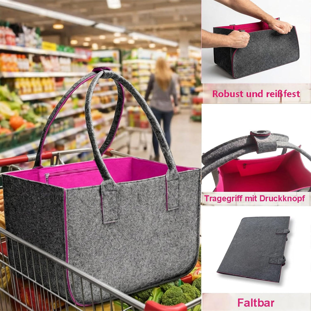 2 Stück Filztasche Gross 30L Faltbar Einkaufskorb Filz Kaminholztasche mit Wiederverwendbarer Alu-Is