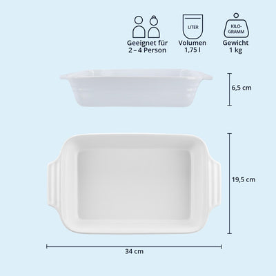 KHG Auflaufform mittelgross 34 cm, Kapazität 1,75 Liter in Weiss für 3-4 Personen, Ofenform aus Kera