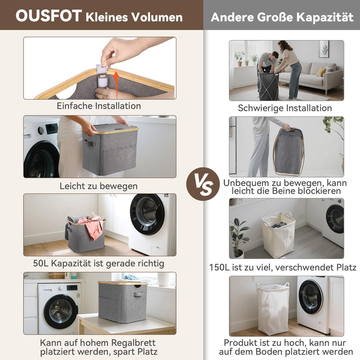 OUSFOT Wäschekorb Klein, 50 L Wäschekorb mit Deckel Faltbar, Grossen Vorderen Taschen und Einem Robu