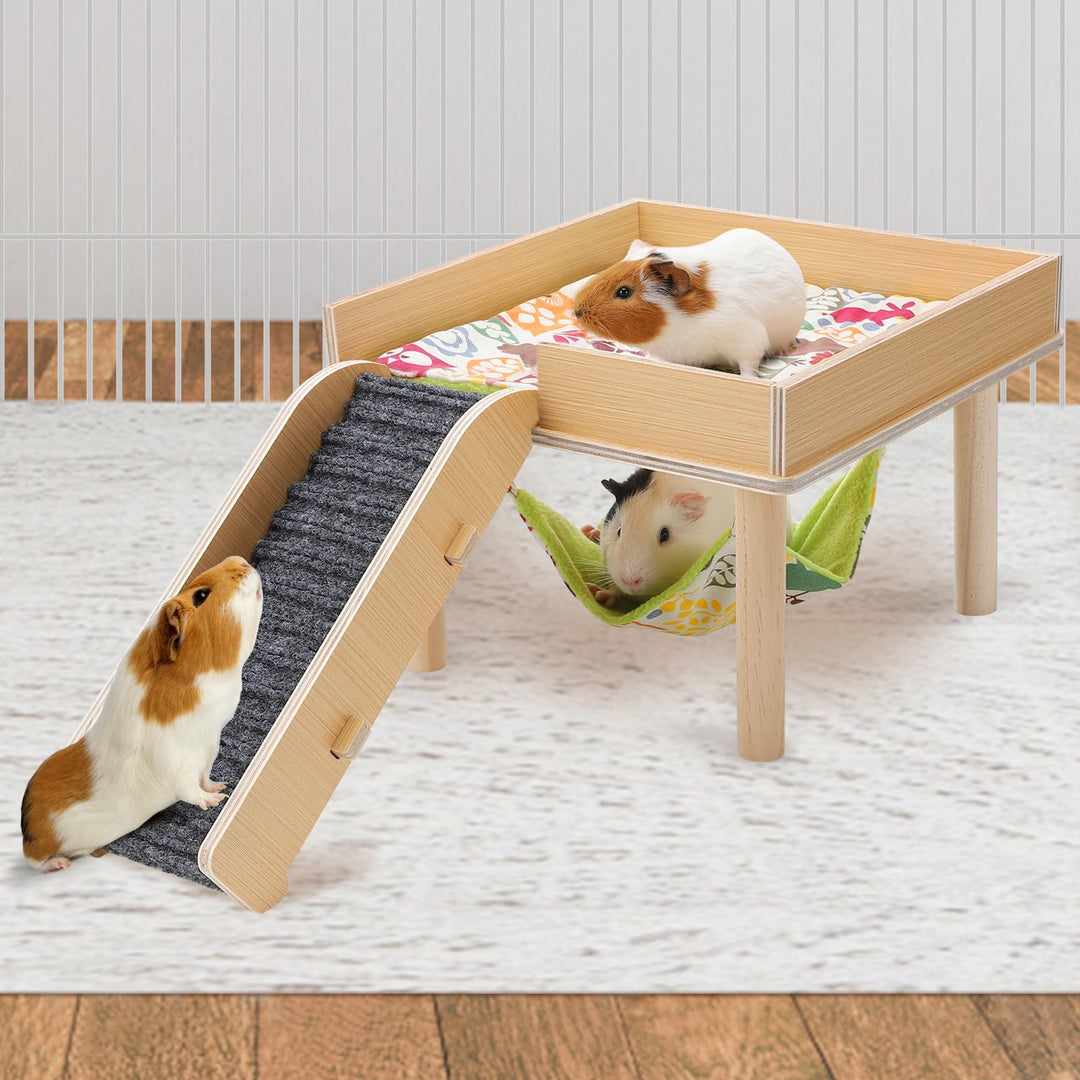 MEWTOGO Meerschweinchen-Hängematte mit Plattform, sicheres Holz-Versteck für Meerschweinchen mit Tre
