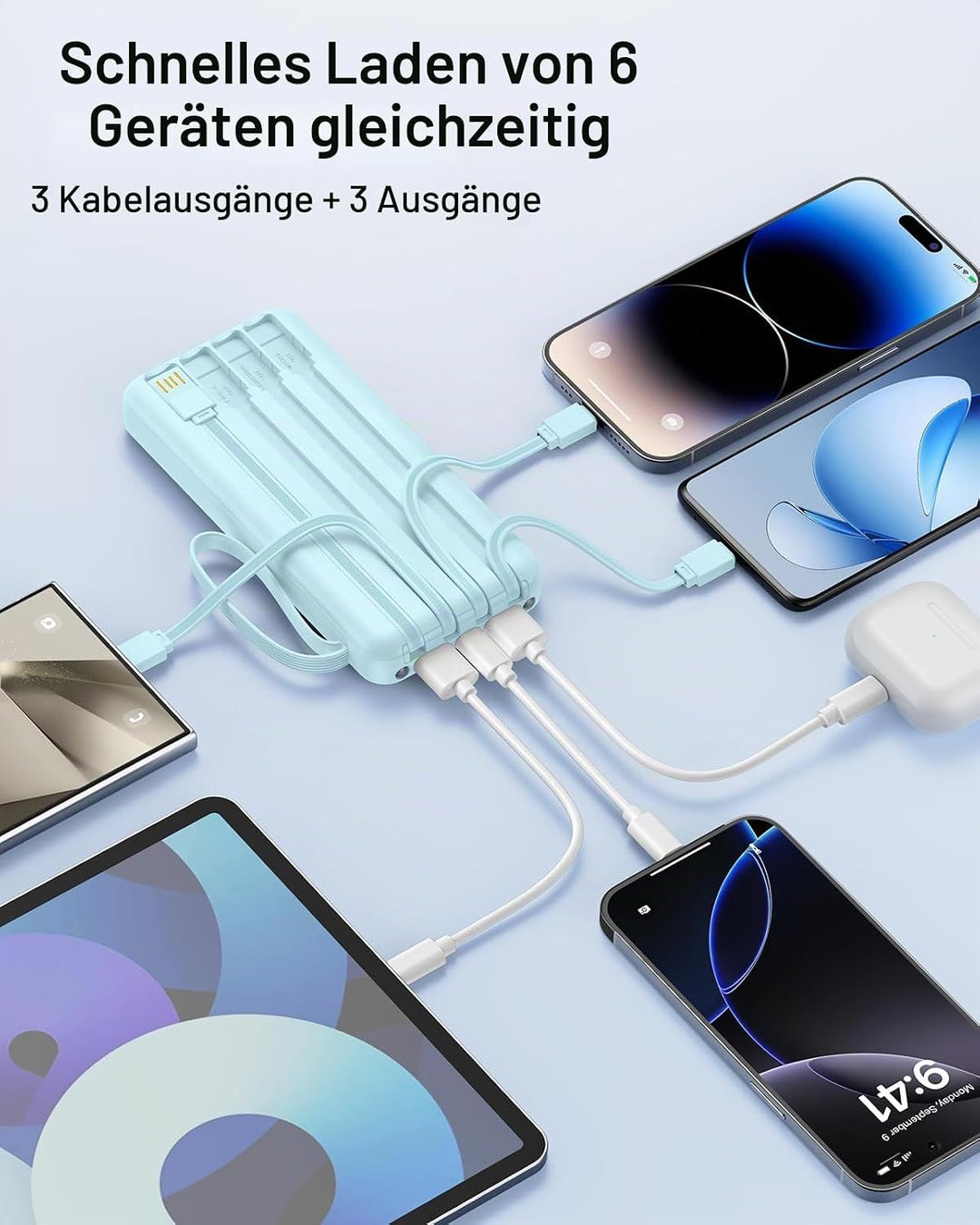 Powerbank mit integrierten Kabeln, 10000mAh, 22,5W Schnellladefunktion, USB-C LED-Anzeige, tragbares