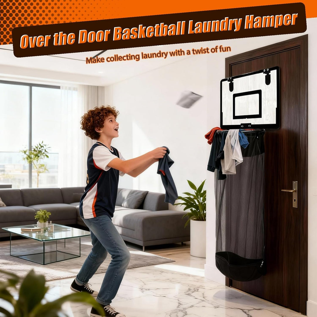 2-in-1 Basketballkorb Wäschekorb Hängender Mini Basketball Korb Tür Wäschesammler aus Holz mit Reiss
