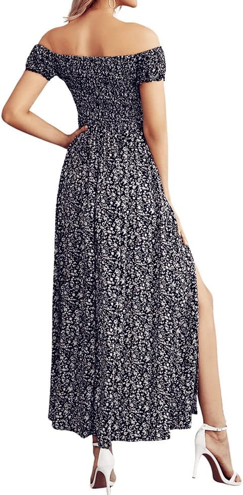 Coloody Sommerkleid Damen Lang Off Shoulder Maxikleider für Damen Blumenrock Schlitz Kleider Strandm