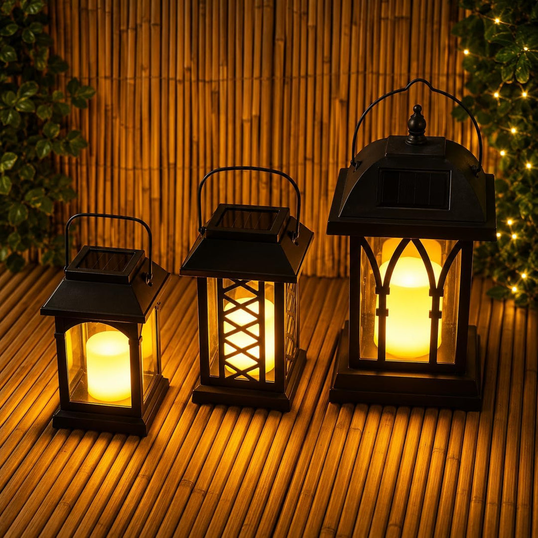 Festive Lights 3-er Set: Schwarze Solar Laternen mit LED Kerzen und täuschend echt wirkenden Flacker