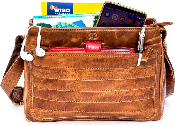ALMADIH Premium Leder Damentasche Umhängetasche AYA BD - 2 Hauptfächer Ledertasche Clutch Handtasche